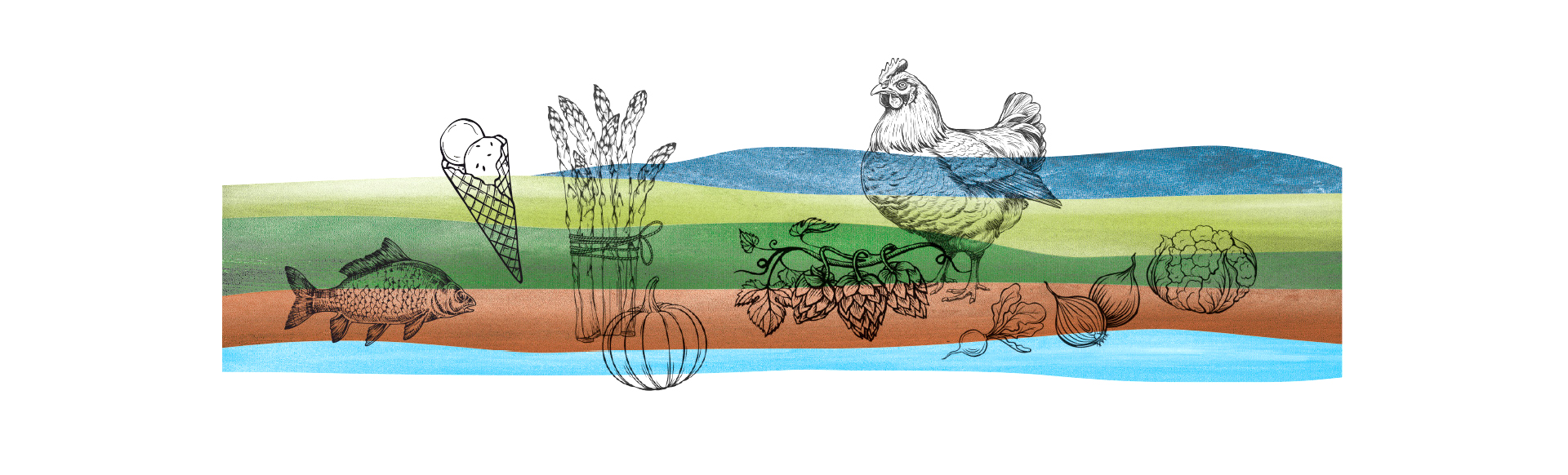 Stilistische dargestellte Lebensmittel wie Fisch, Spargel, Hopfen, Huhn, Kürbis u.a.